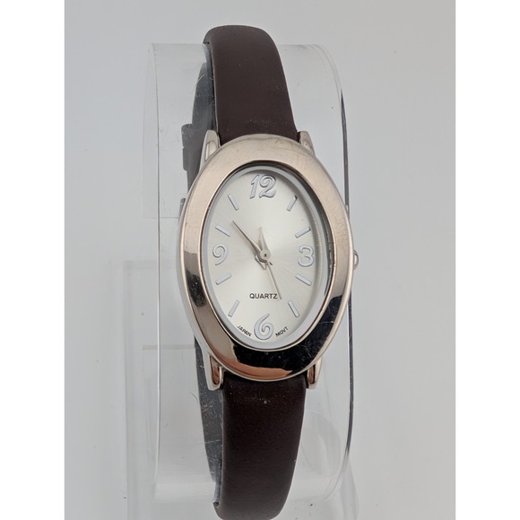Avon Watch Women 21mm Silver Case Brown Leather Band- New Battery - Picture 2 of 9